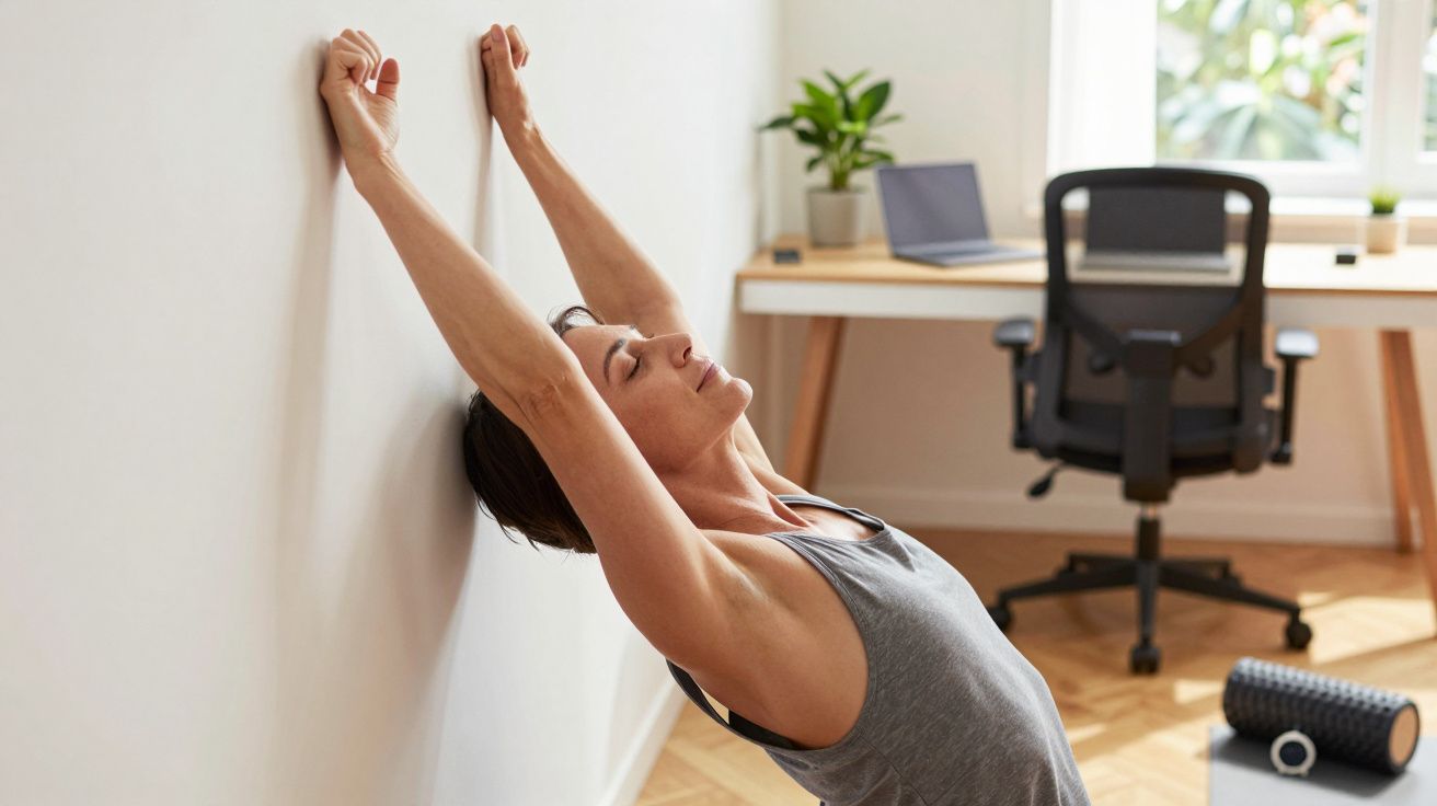 Persona haciendo estiramientos de espalda contra la pared en una oficina en casa con escritorio y silla de fondo.