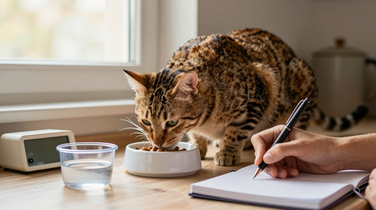 Gato atigrado comiendo pienso al lado de una mano que escribe en un cuaderno sobre una mesa cerca de la ventana.