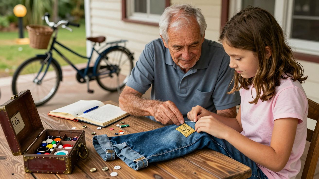 Anciano y niña cosiendo un parche en unos vaqueros en una mesa de madera. Al fondo, una bicicleta.