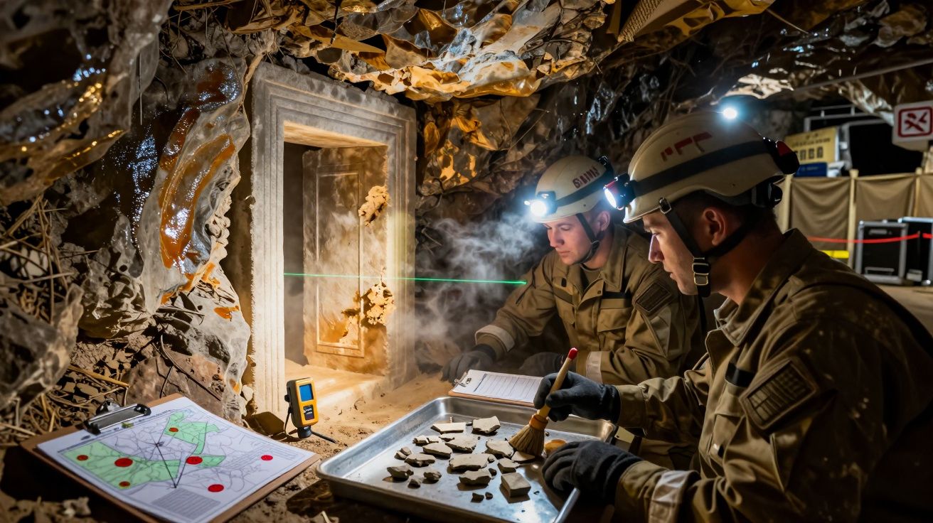Dos arqueólogos analizando artefactos en una cueva iluminada con cascos y linternas, junto a un mapa y herramientas.