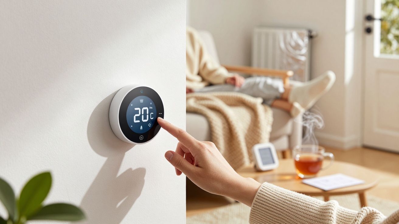Mano ajustando termostato inteligente a 20°C en una sala de estar acogedora, con persona descansando y taza de té caliente.