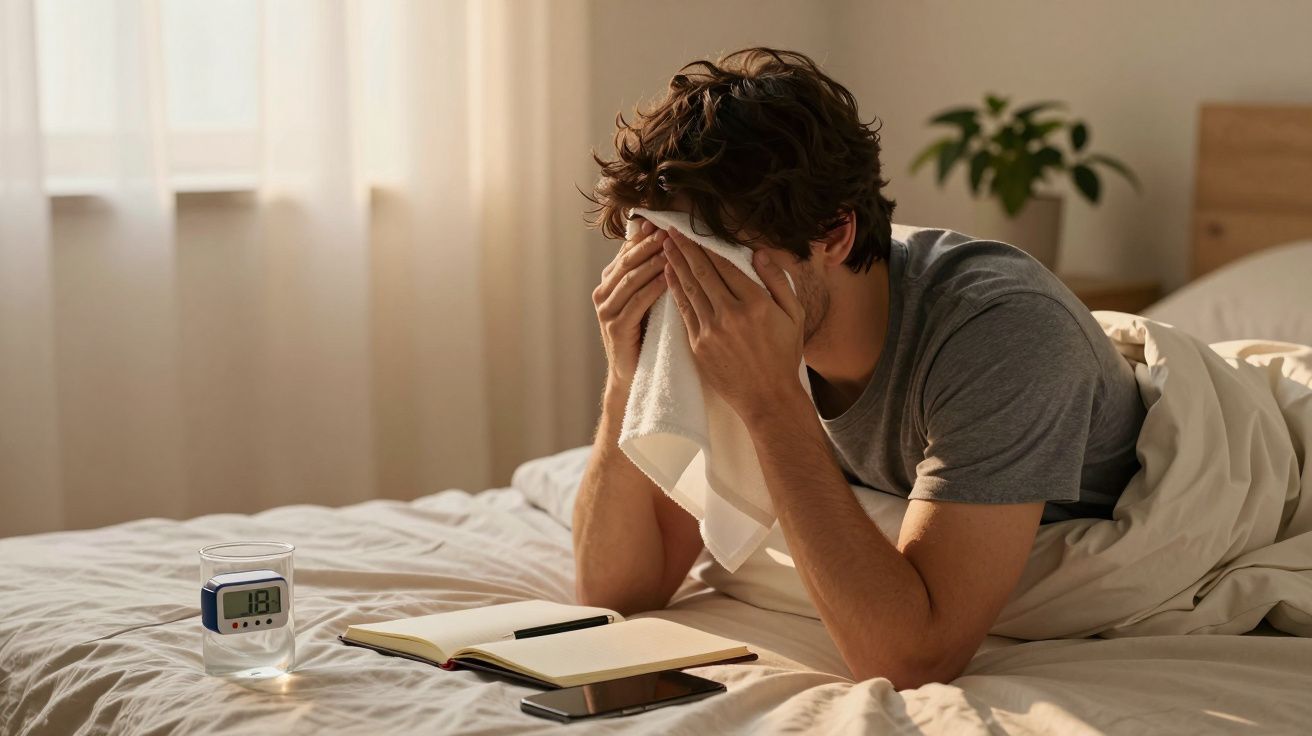 Hombre en cama con toalla en la cara, despertador, cuaderno y móvil en la mesa; planta al fondo.
