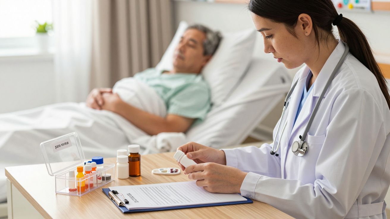 Médica revisando medicamentos junto a un paciente hospitalizado en su habitación.