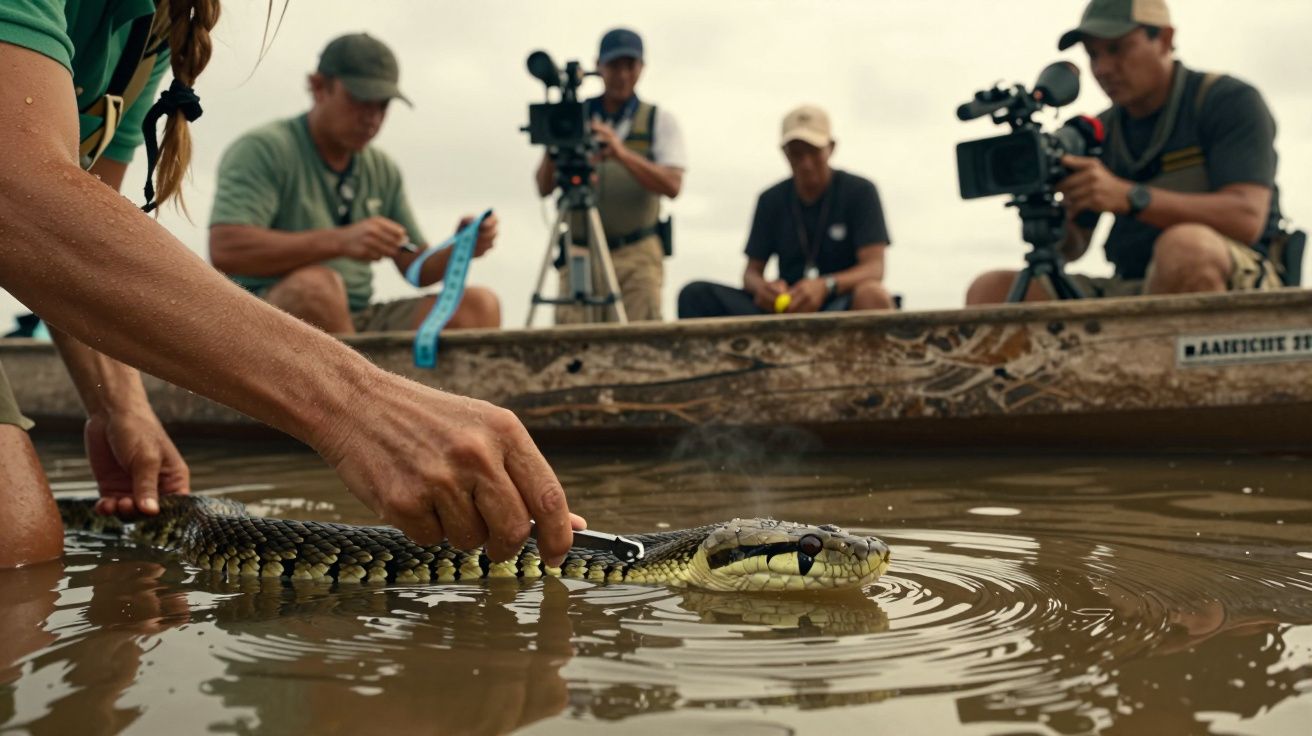 Persona sujeta una serpiente en el agua mientras es grabada por un grupo de personas con cámaras desde una barca.