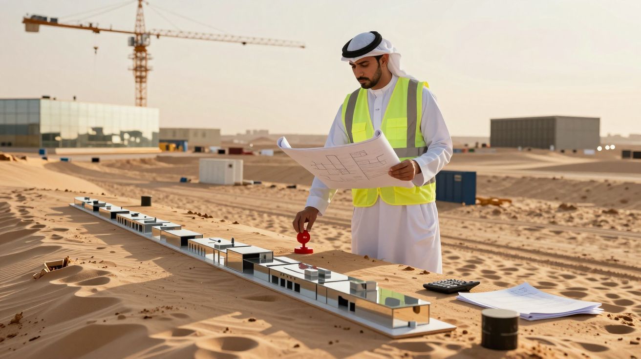 Ingeniero en el desierto revisa planos junto a una maqueta de construcción, con grúa y edificios de fondo.