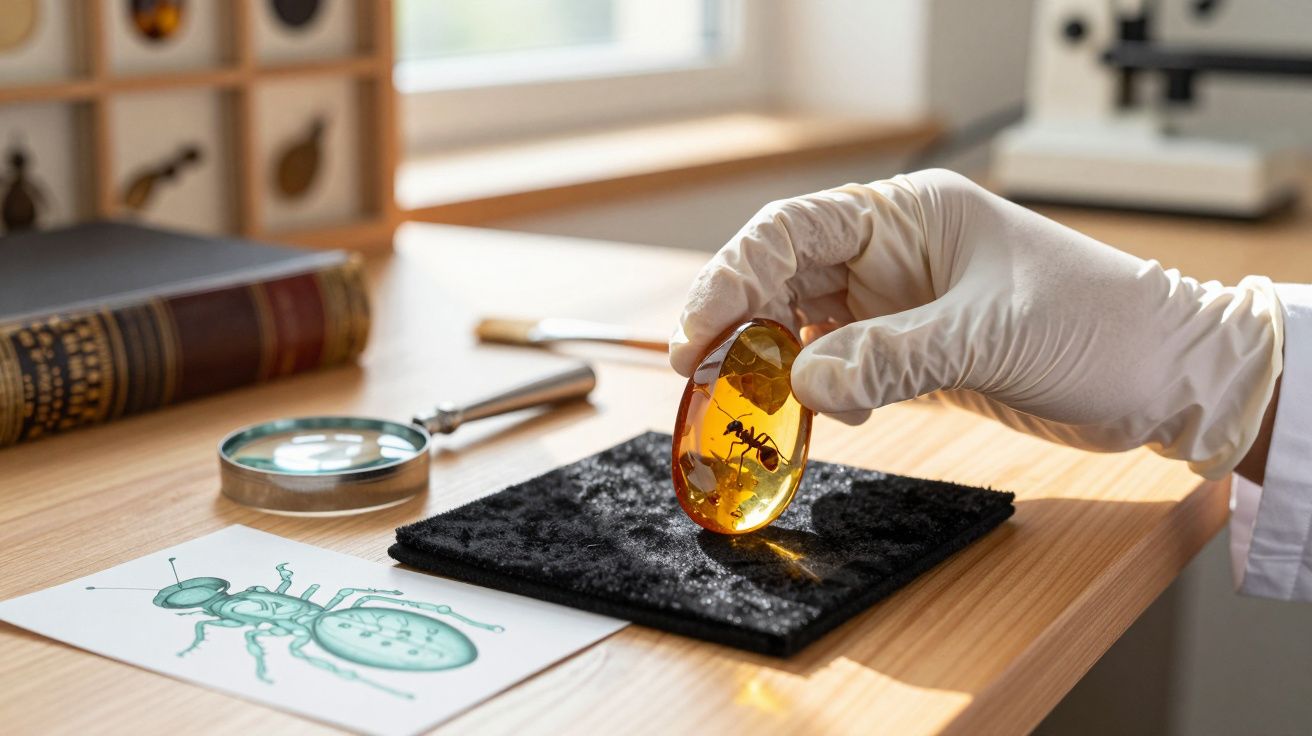 Mano con guante sosteniendo un ámbar con insecto, junto a lupa y libro en una mesa de laboratorio.