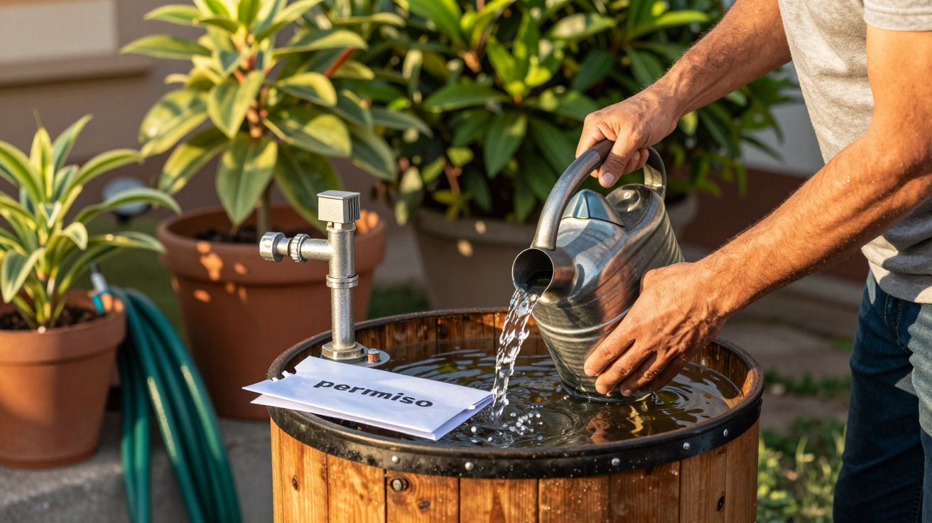 Persona llenando una regadera con agua de un barril en un jardín, sobre el barril hay un papel con la palabra "permiso".