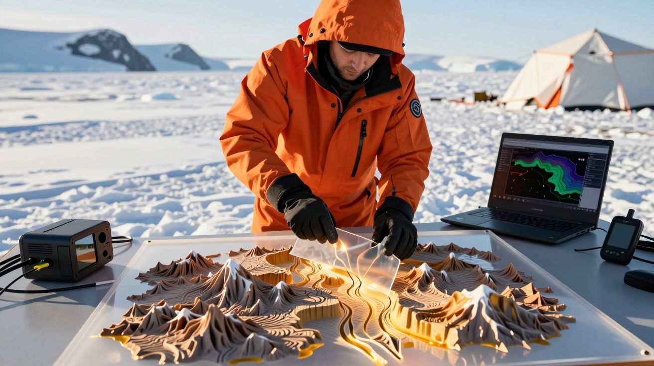 Persona con chaqueta naranja estudia maqueta en campo nevado, con ordenador y equipo técnico, cerca de tienda de campaña.