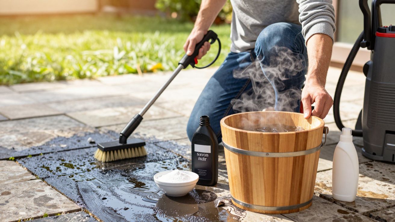 Persona limpiando con cepillo y agua caliente al aire libre, rodeada de productos de limpieza y cubo de madera.