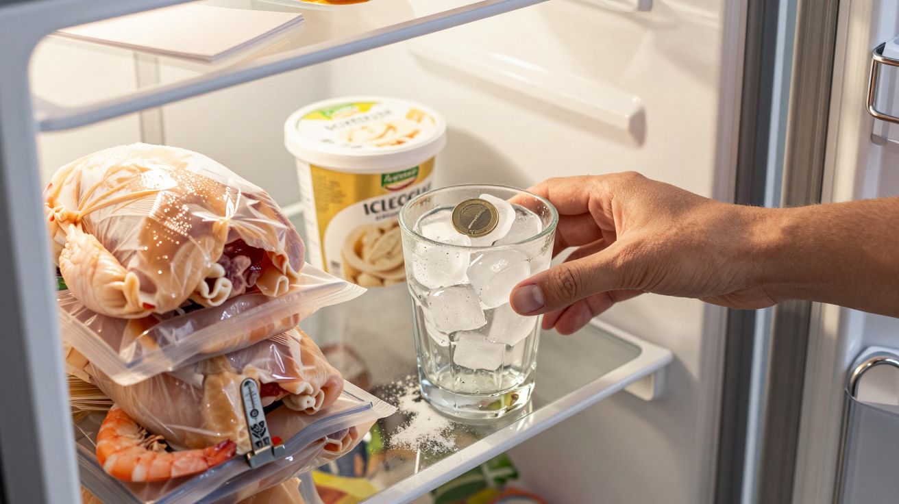 Mano colocando moneda sobre vaso con hielo en un congelador junto a paquetes de marisco y helado.