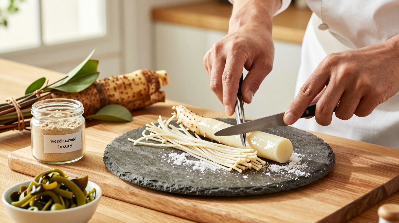 Manos cortando raíz de loto sobre tabla redonda de pizarra, rodeado de ingredientes naturales en una cocina.