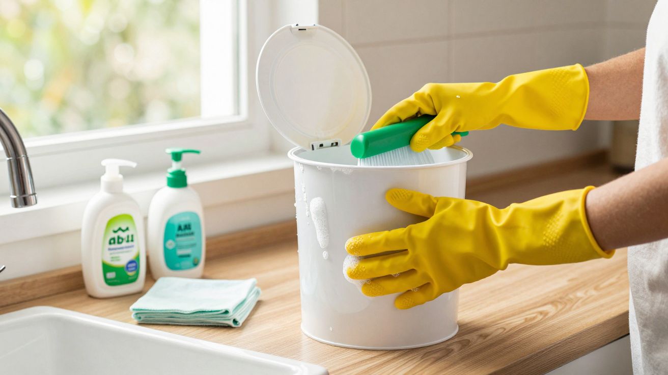 Persona con guantes amarillos limpia un cubo blanco en la cocina junto a productos de limpieza y paños.