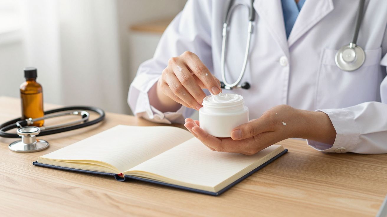 Persona en bata médica aplicando crema junto a un libro abierto y un estetoscopio en una mesa de madera.