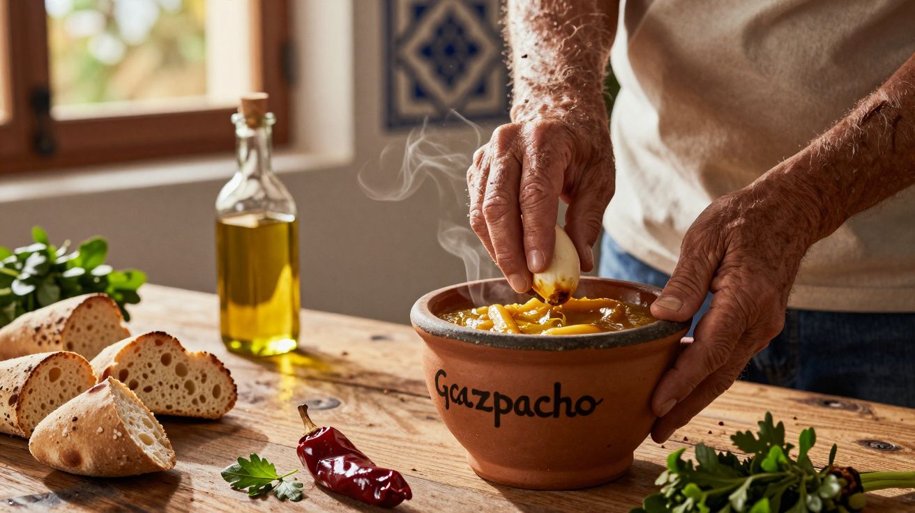 Manos preparando gazpacho en cuenco de cerámica, con pan, aceite de oliva, perejil y pimiento en la mesa de madera.