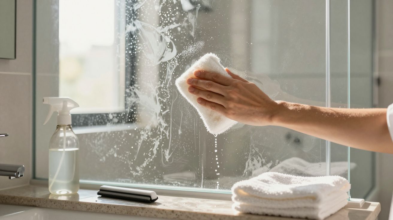Mano limpiando un espejo de baño con una esponja, junto a un pulverizador y toallas en la encimera.