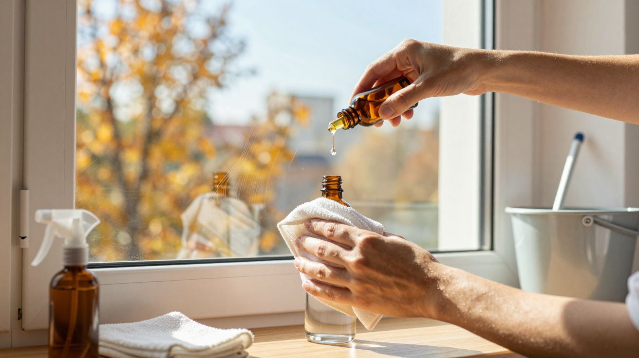 Manos vertiendo líquido en bote ámbar con paño cerca de ventana otoñal.