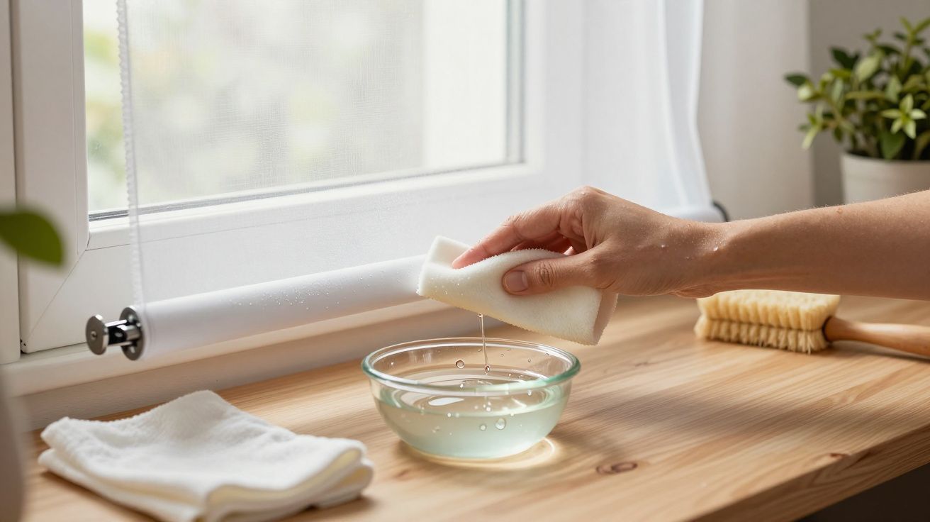 Mano limpiando marco de ventana con esponja mojada en bol, sobre mesa de madera, junto a cepillo y plantas.