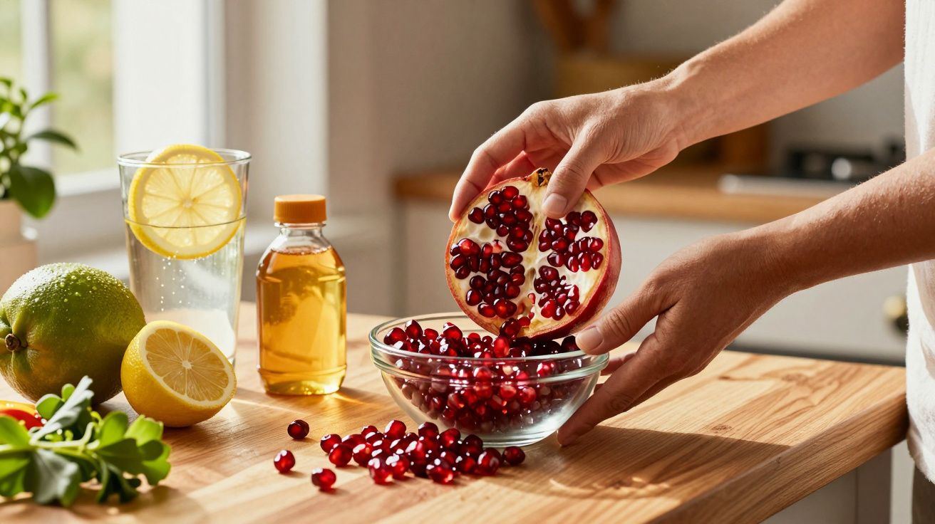 Manos desgranando una granada en un bol, junto a limón, miel y vaso en una mesa de cocina iluminada.