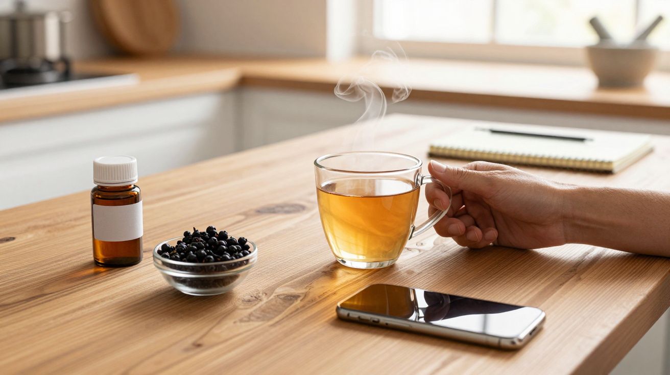 Mano sujetando una taza de té caliente en una mesa de madera, junto a un móvil, frasco y bol con bayas oscuras.