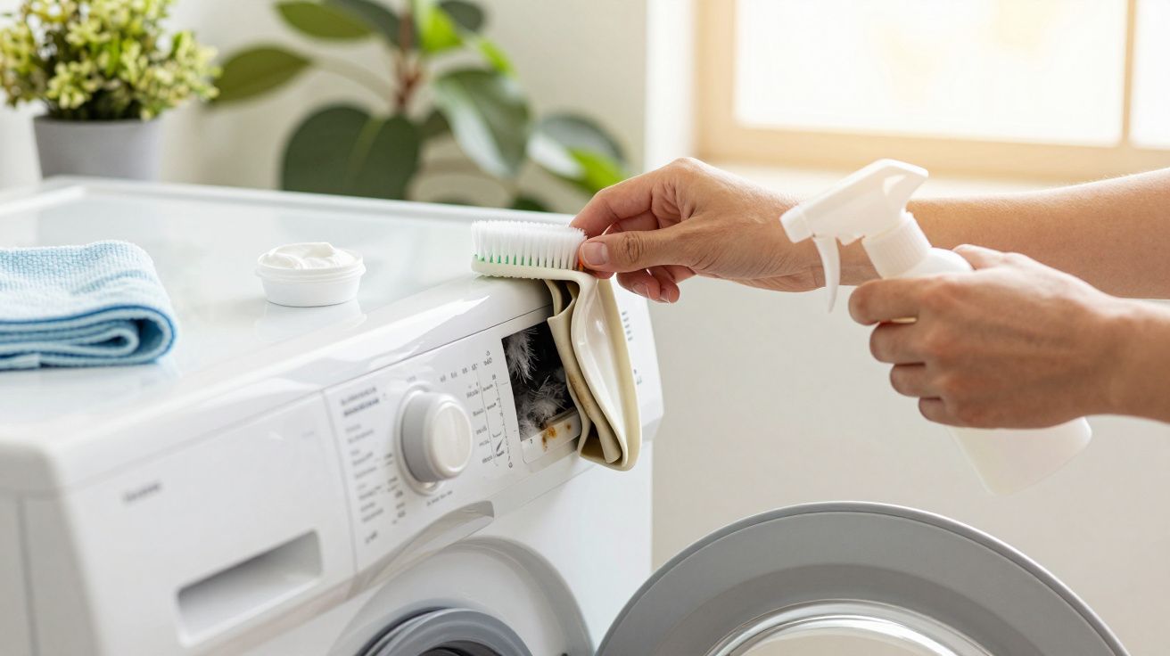 Manos limpiando una lavadora con cepillo y spray en un cuarto iluminado.