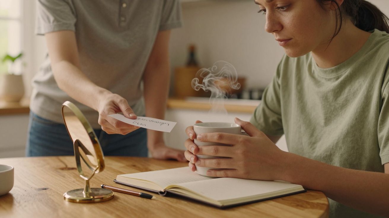 Mujer sostiene taza humeante, mira un cuaderno abierto sobre la mesa mientras otra persona le entrega una nota.