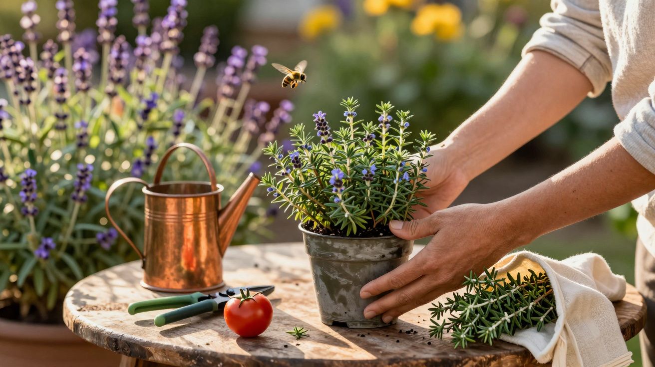 Persona cuidando planta de lavanda en mesa de jardín con regadera, tomate y abeja volando cerca.