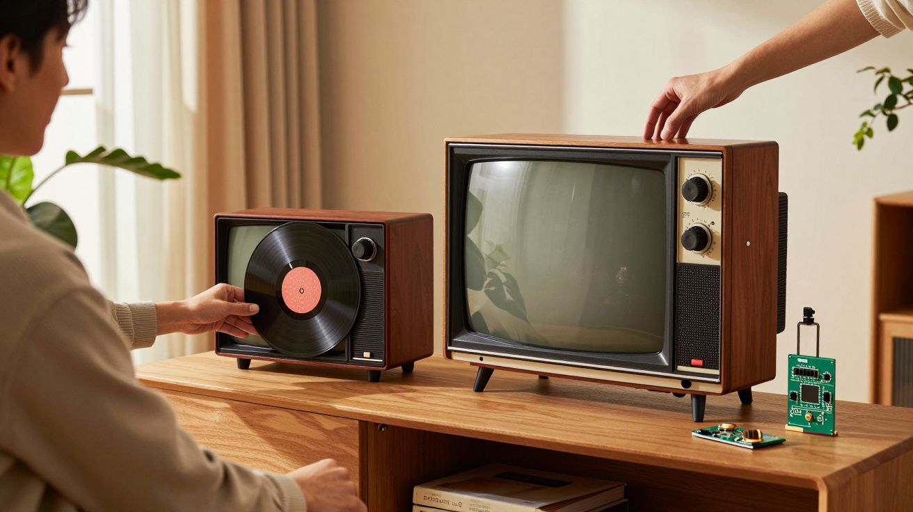 Persona ajusta un televisor retro mientras otra coloca un disco en un reproductor, todo sobre muebles de madera.