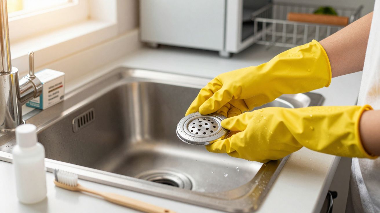 Manos con guantes amarillos limpiando un colador de fregadero de acero inoxidable en una cocina bien iluminada.