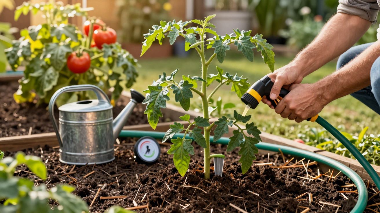 Persona regando una planta de tomate en un huerto, con regadera y termómetro de suelo visibles.