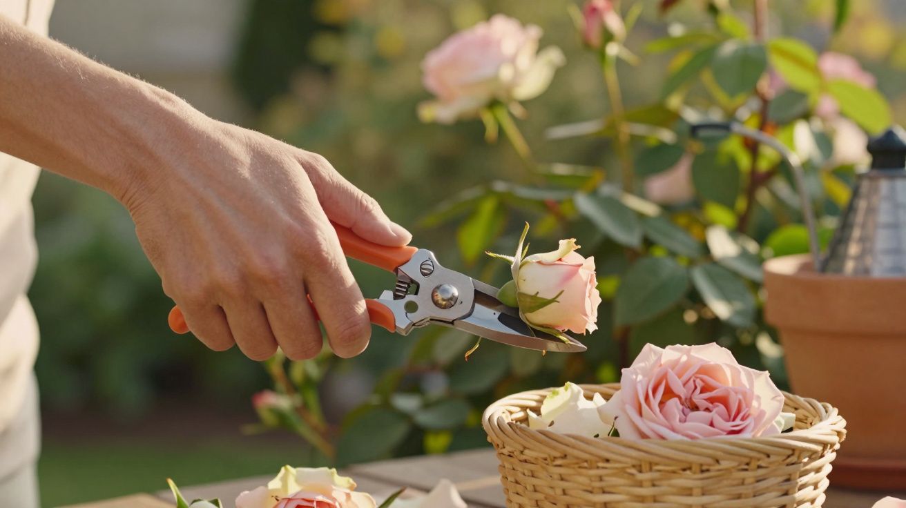 Mano cortando una rosa rosa con tijeras de podar junto a un cesto lleno de rosas en un jardín.