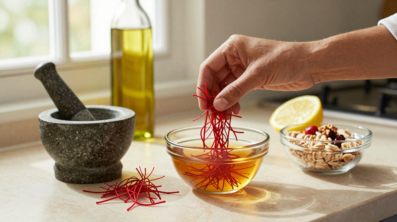 Mano colocando hebras de azafrán en un cuenco con agua. Mortero, aceite y frutos secos de fondo sobre la encimera.