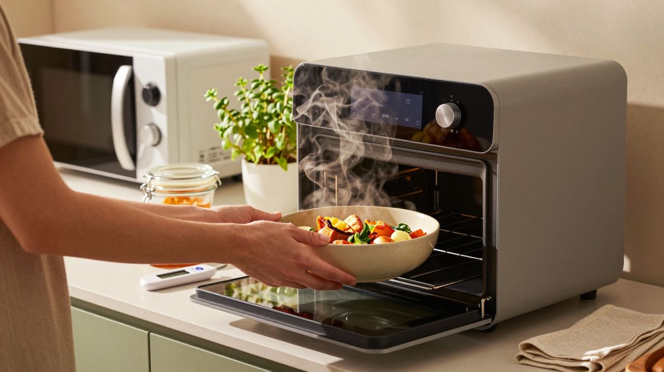 Persona sacando un plato de verduras al vapor de un horno eléctrico en una cocina con microondas y planta de albahaca.