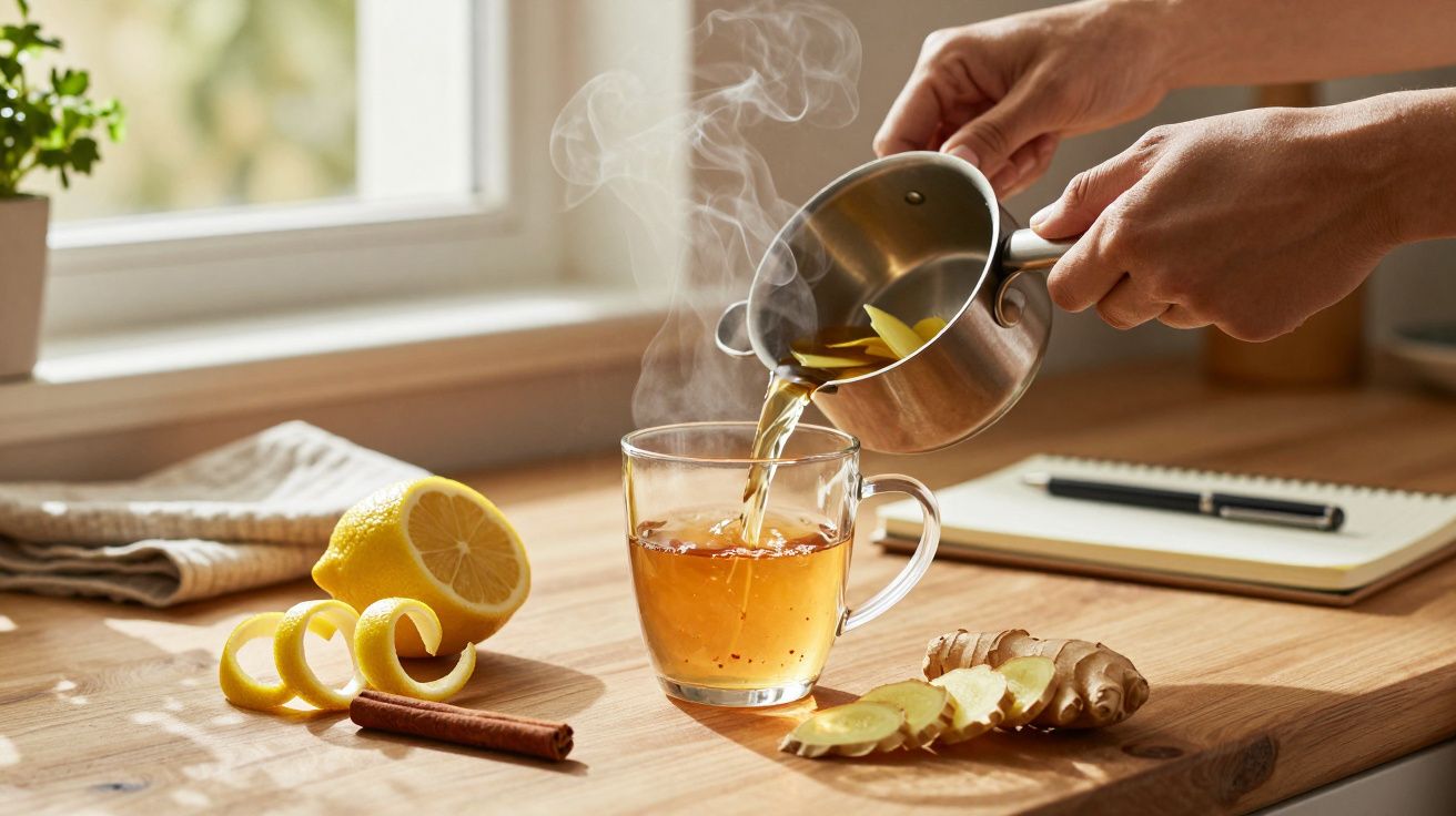 Manos vertiendo té caliente con jengibre y limón en una taza, sobre mesa de madera, cerca de ventana.