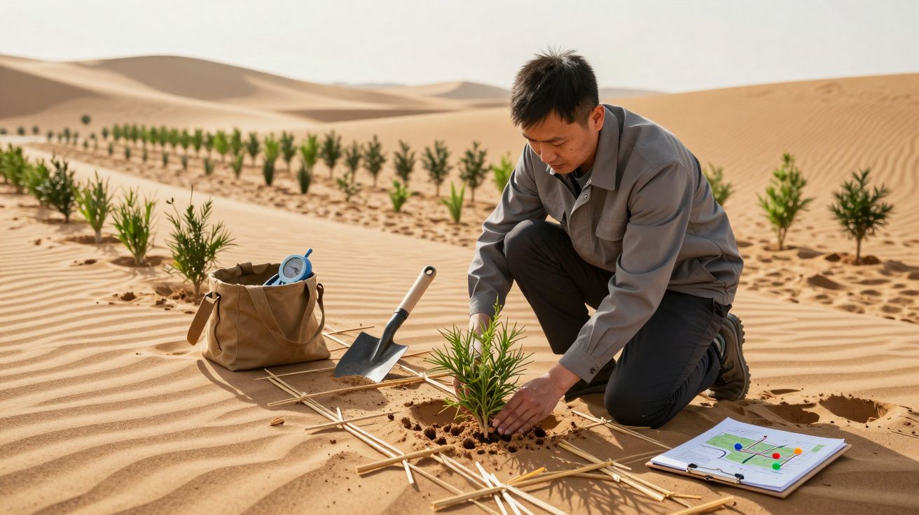 Hombre plantando arbustos en el desierto, con pala, bolsa de herramientas y diagrama en el suelo.