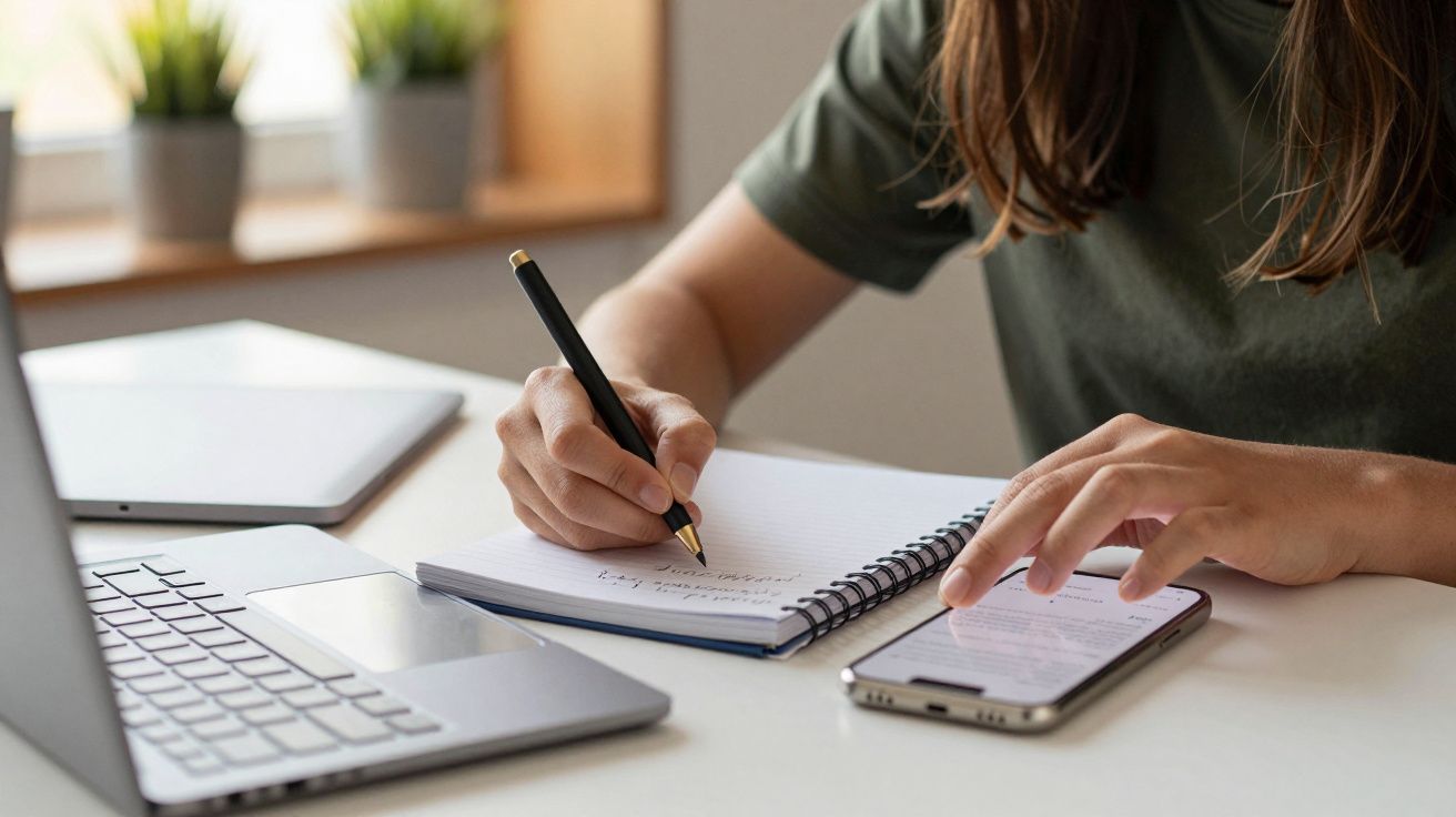 Persona escribiendo en un cuaderno frente a un portátil, mientras consulta un móvil, en una mesa con macetas al fondo.