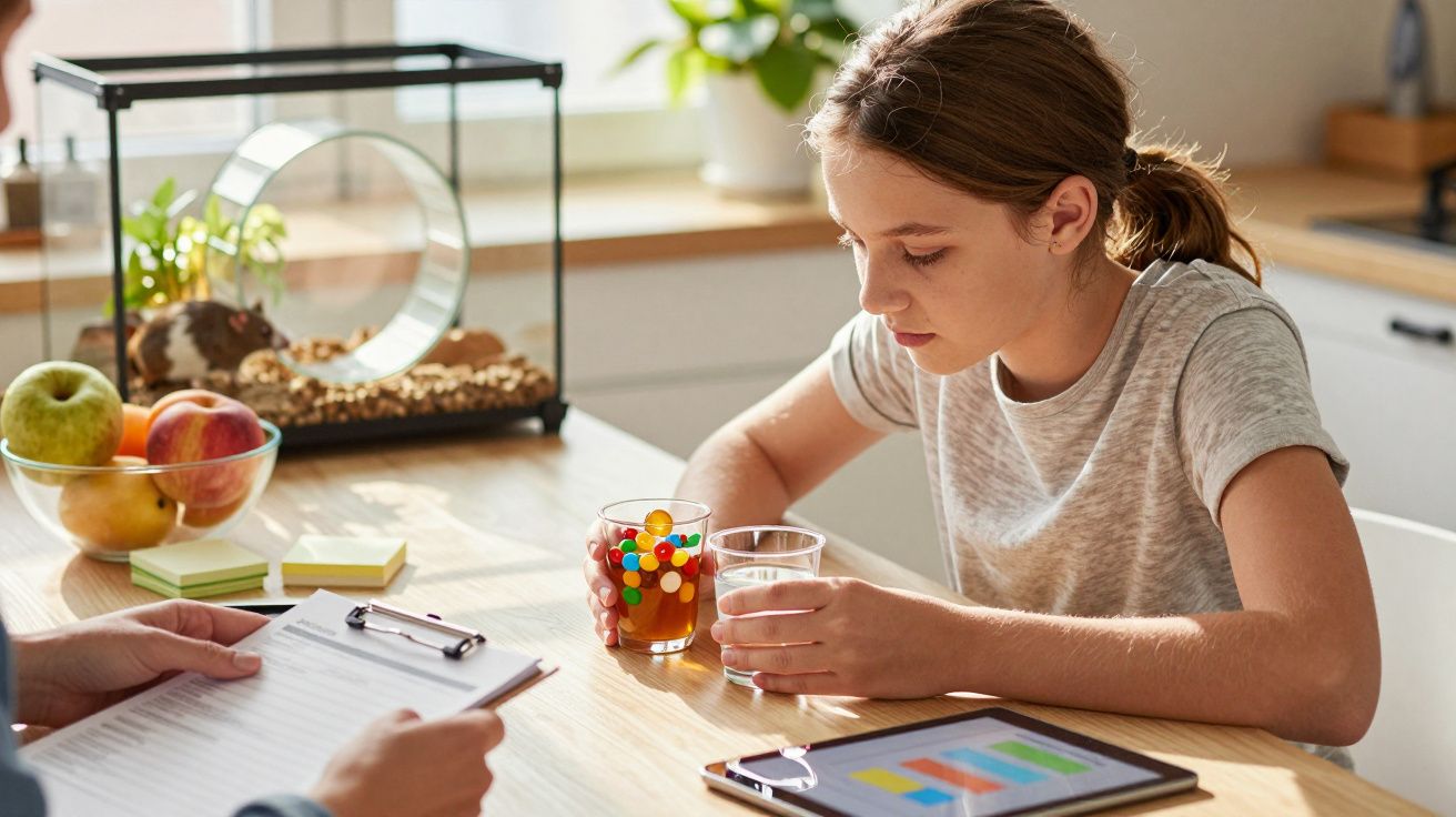 Niña en la cocina mirando un vaso de bebida, cerca de una pecera, una bandeja de frutas y una tableta sobre la mesa.