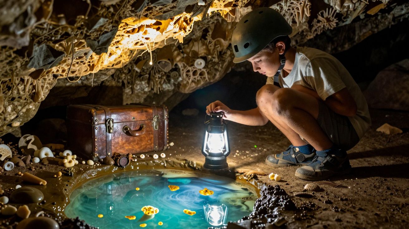 Niño con casco observa charca luminosa en cueva, sosteniendo una lámpara junto a un baúl antiguo y formaciones rocosas.