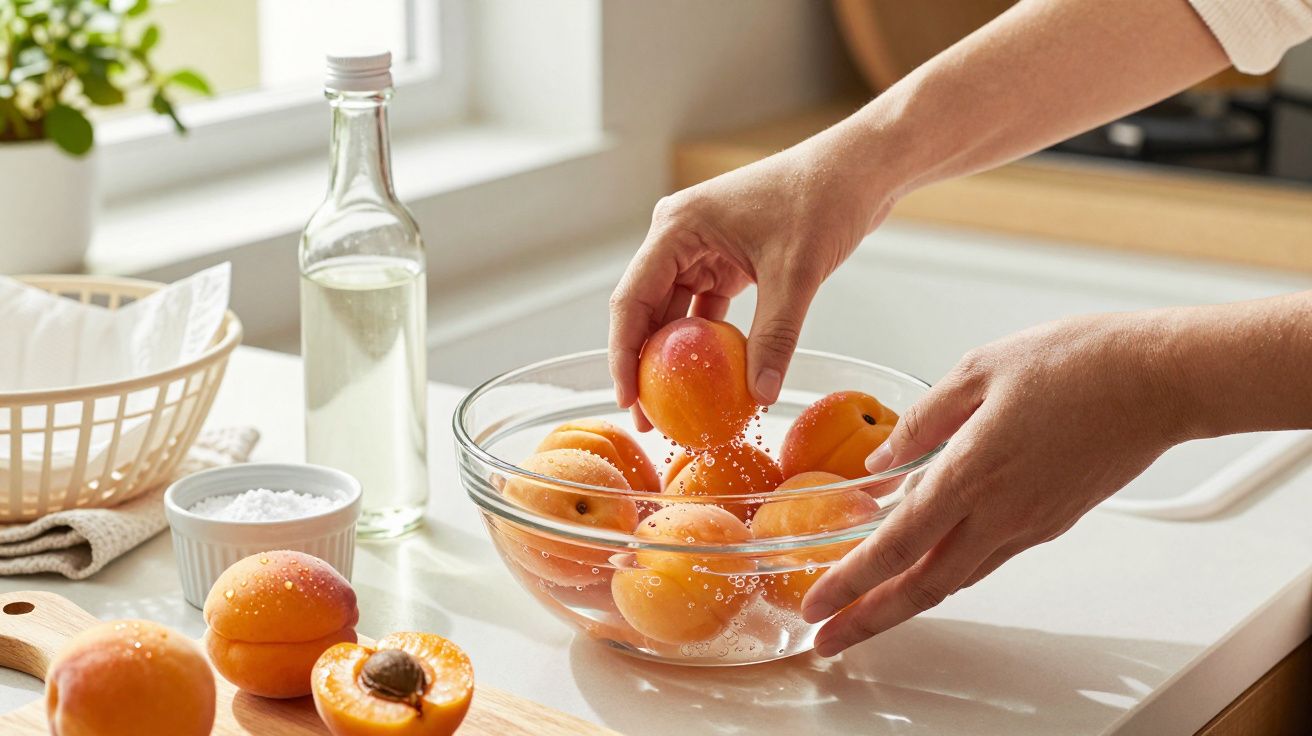 Persona lavando albaricoques en un bol transparente en la cocina, con una botella y sal en la encimera.