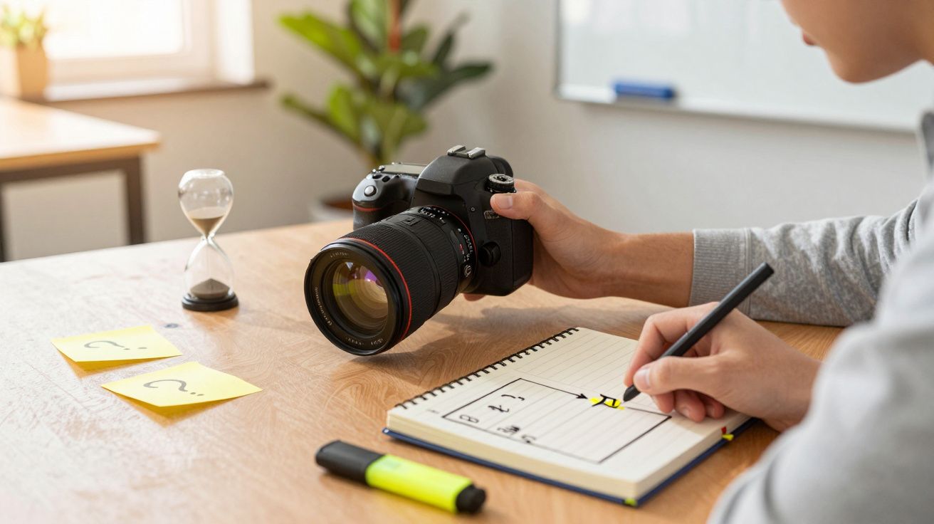 Persona sosteniendo cámara mientras escribe en cuaderno. Hora de arena y notas adhesivas en la mesa.