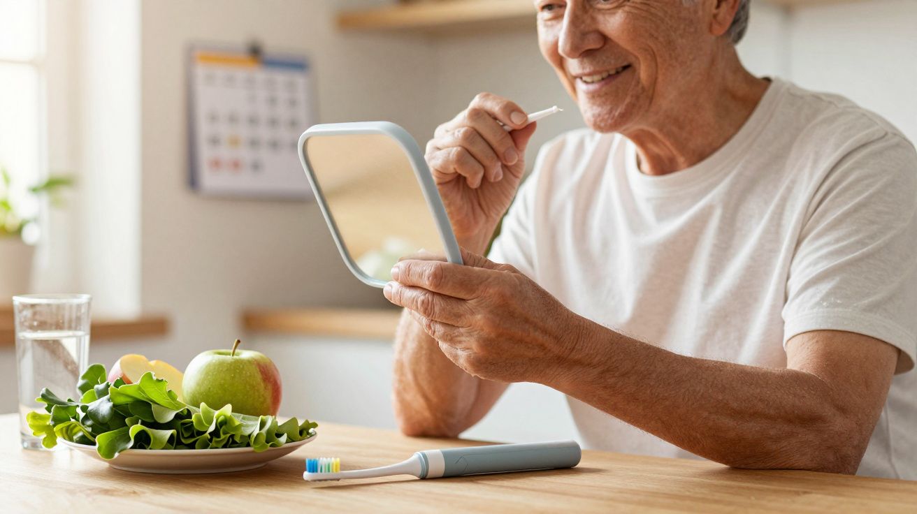 Hombre mayor revisa sus dientes con un espejo mientras come ensalada y fruta en una mesa, con cepillo de dientes cercano.
