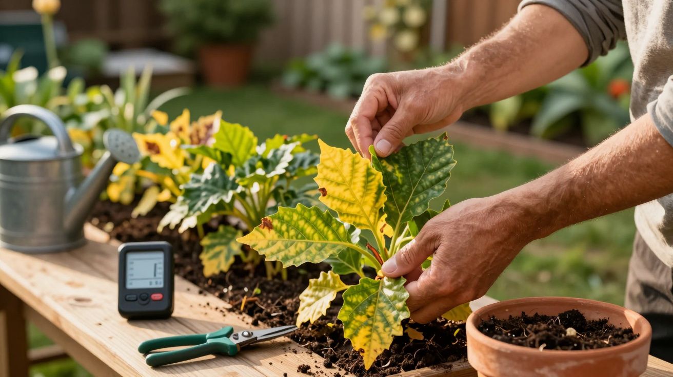 Persona cuidando plantas en un jardín con una regadera, tijeras de podar y un medidor digital sobre la mesa de trabajo.