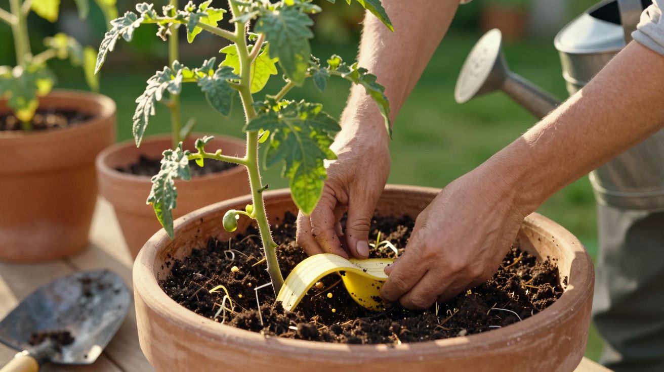 Manos plantando un tomate en una maceta grande de barro con una pala y regadera cerca.