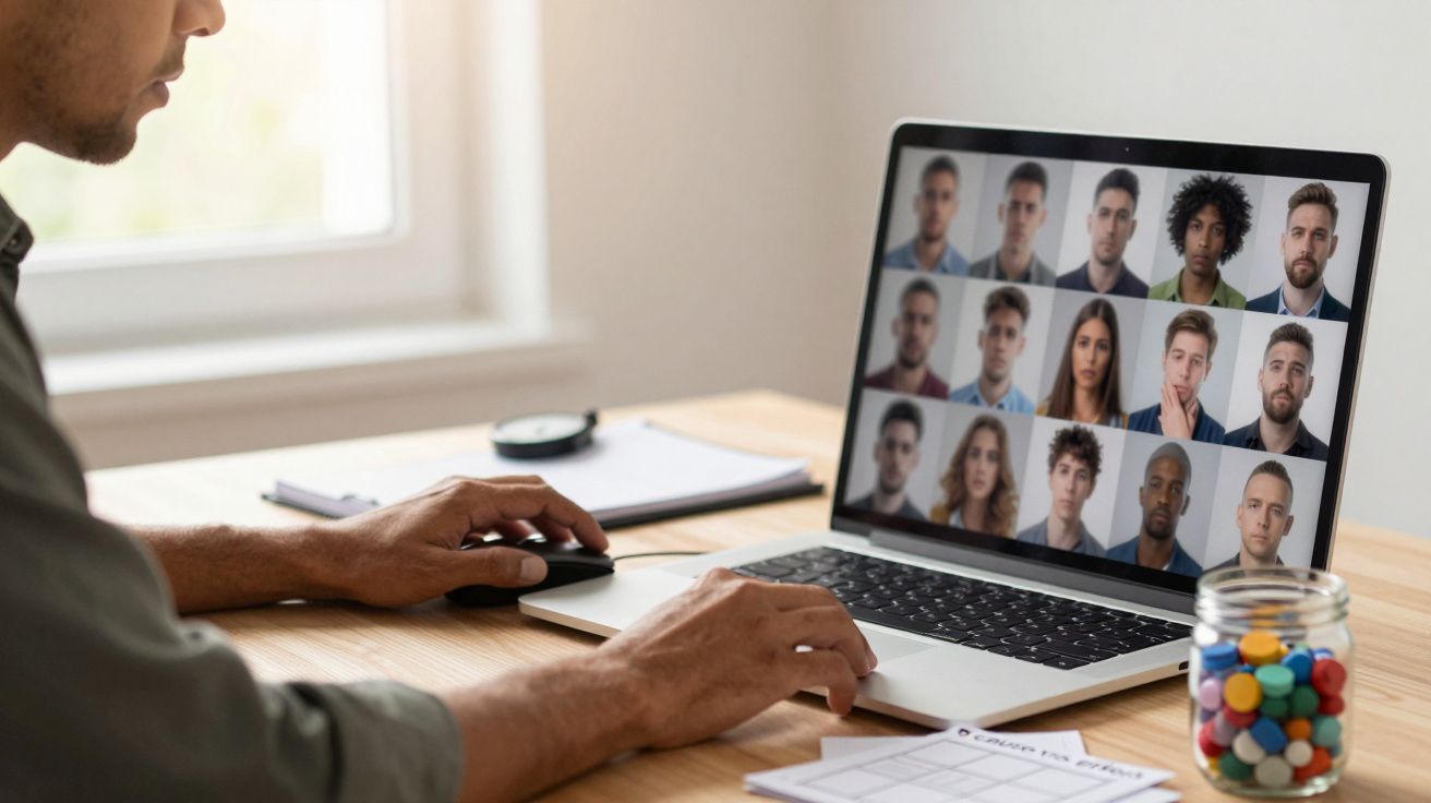 Persona participando en una videoconferencia desde un portátil en una mesa de madera.