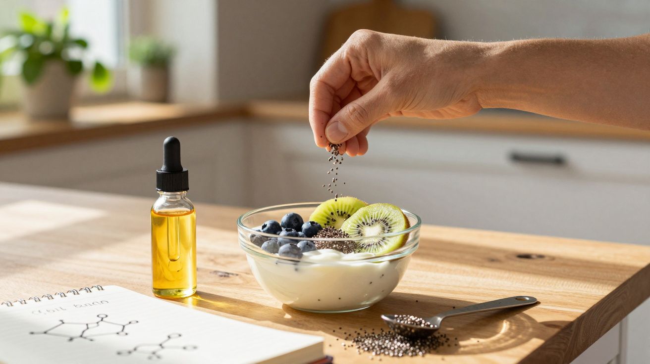 Mano esparciendo semillas de chía sobre yogur con arándanos y kiwi en un bol, en una cocina iluminada.