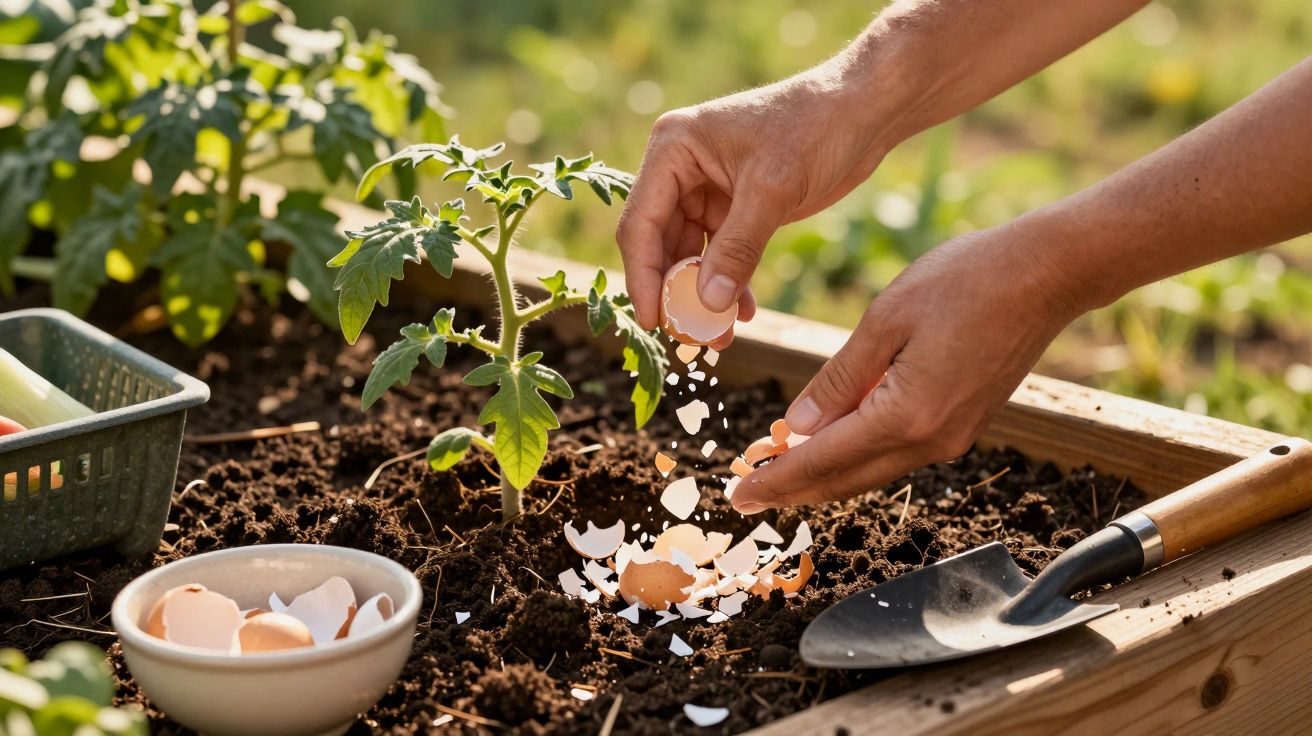 Manos agregando cáscaras de huevo trituradas a una planta de tomate en un huerto, con pala y cuenco cerca.