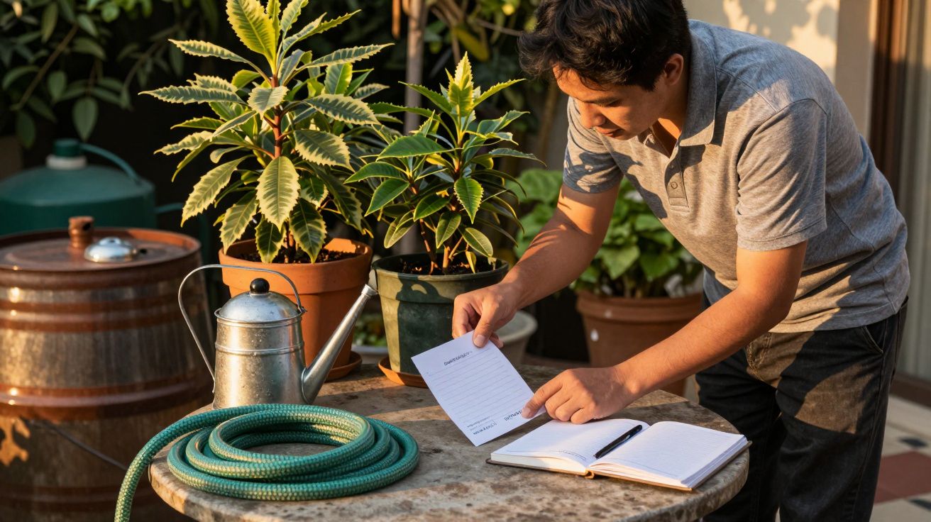 Hombre revisando un documento frente a plantas en macetas, con una manguera y una regadera sobre la mesa.