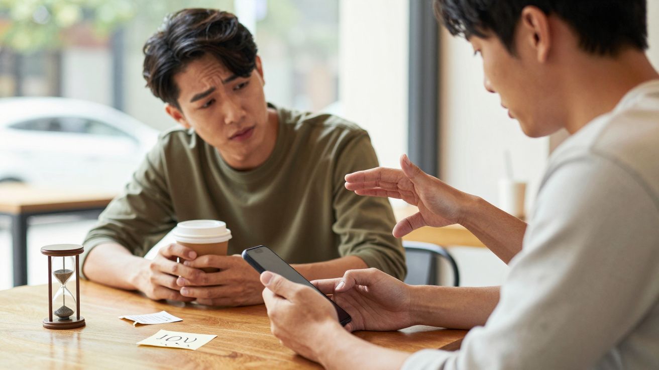 Dos hombres conversan en una mesa de café, uno muestra algo en su móvil mientras el otro escucha sosteniendo una taza.