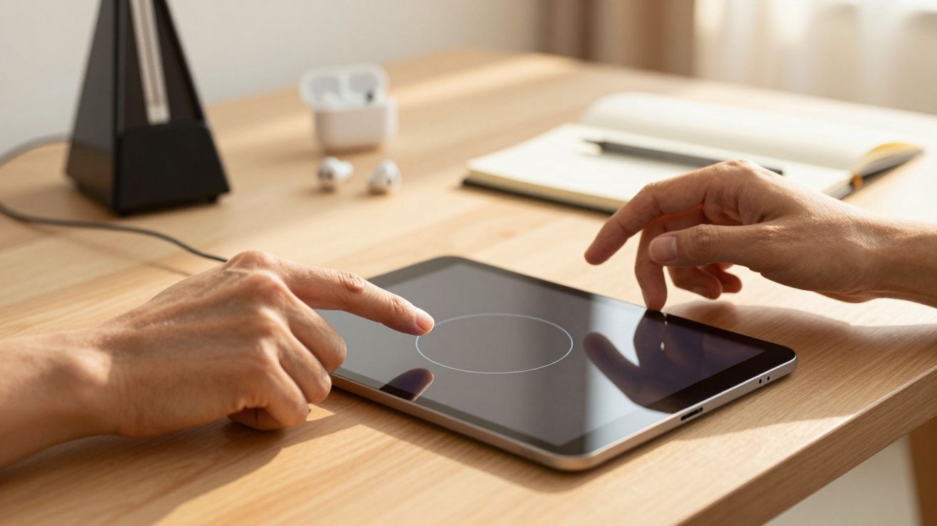 Dos manos tocando una tableta sobre una mesa de madera, con un libro, auriculares y metrónomo al fondo.