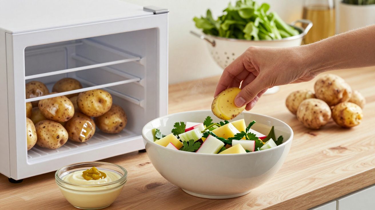 Mano colocando patata en ensalada junto a mini frigorífico con patatas. Recipiente de salsa y verduras al fondo.