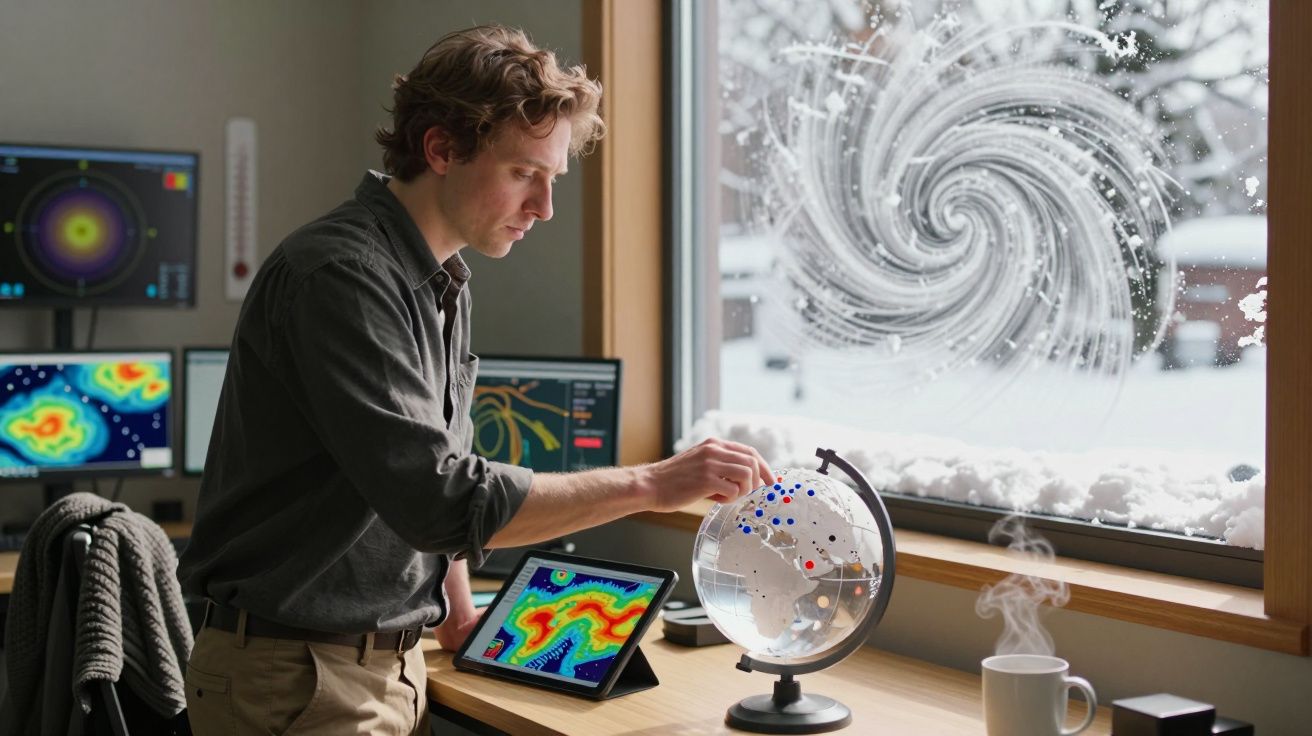 Hombre analiza globo terráqueo en oficina con mapas meteorológicos, taza de café y ventana con nieve y remolino dibujado.